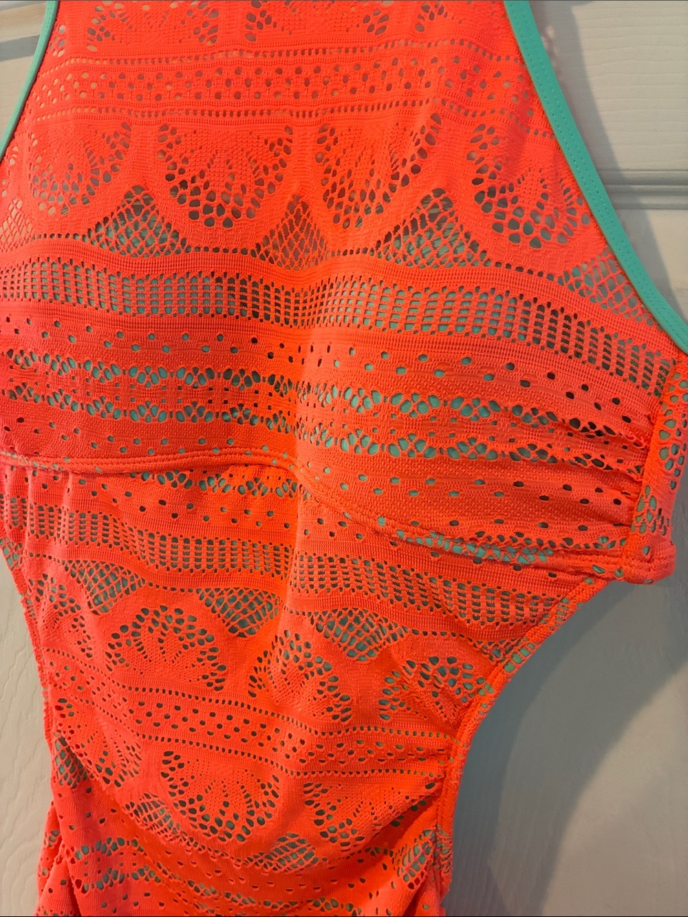 No Boundaries Size 11/13 Neon Coral Crochet One-Piece Swimsuit with Mint Trim - Picture 3 of 15